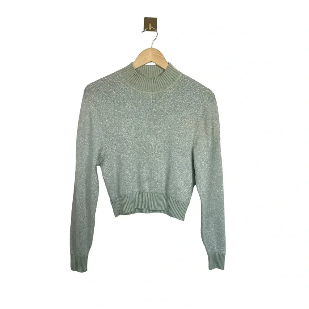 NWOT Free People Starry Night Metallic Shimmer Mock Neck Sweater Mint Green XS